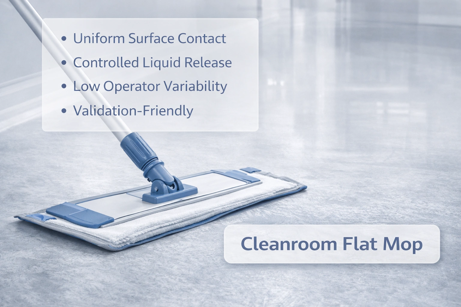 Плоская швабра для чистых помещений с равномерным контактом с поверхностью для контролируемой уборки, соответствующей требованиям GMP.