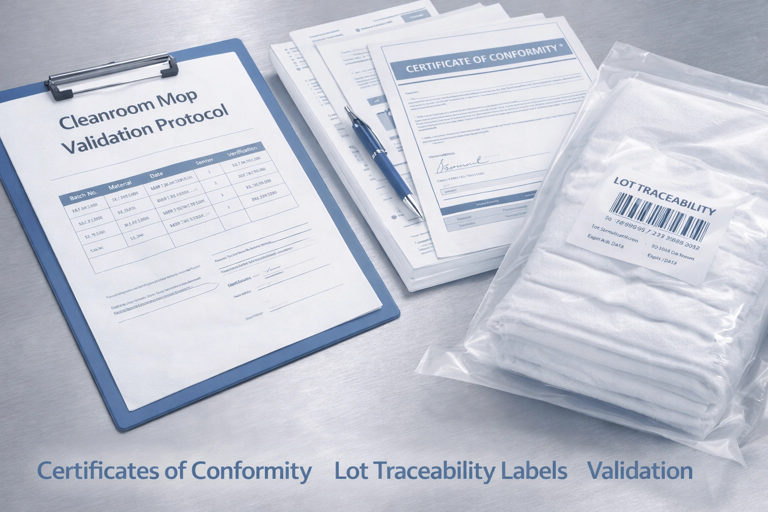 Cleanroom mop validation documentation including certificates of conformity and lot traceability labels