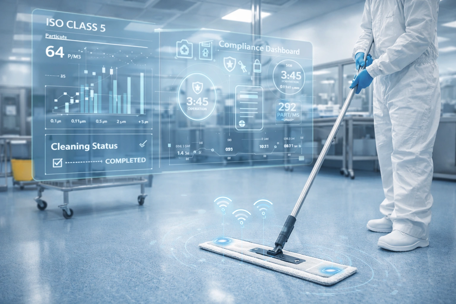 Future smart cleanroom cleaning concept showing IoT and AI monitoring in hospital cleanroom operations