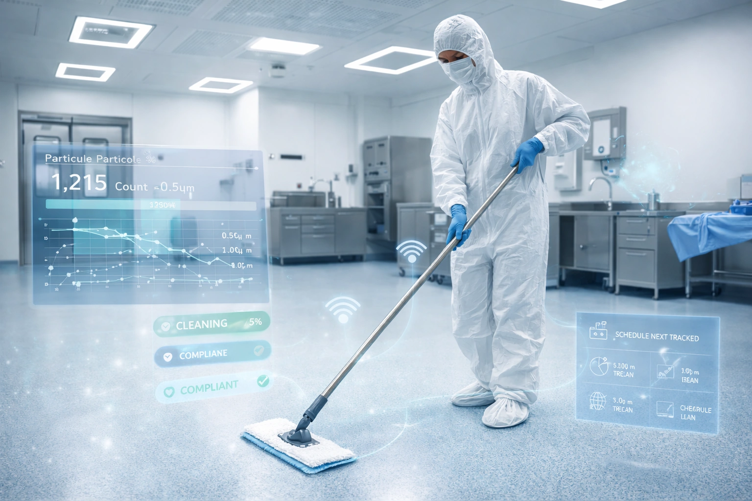 Future smart hospital cleanroom cleaning concept with IoT and AI monitoring for contamination control