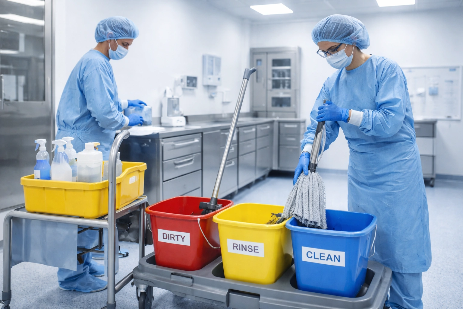 Hospital cleanroom cleaning protocol scene showing the three-bucket system and controlled mopping workflow