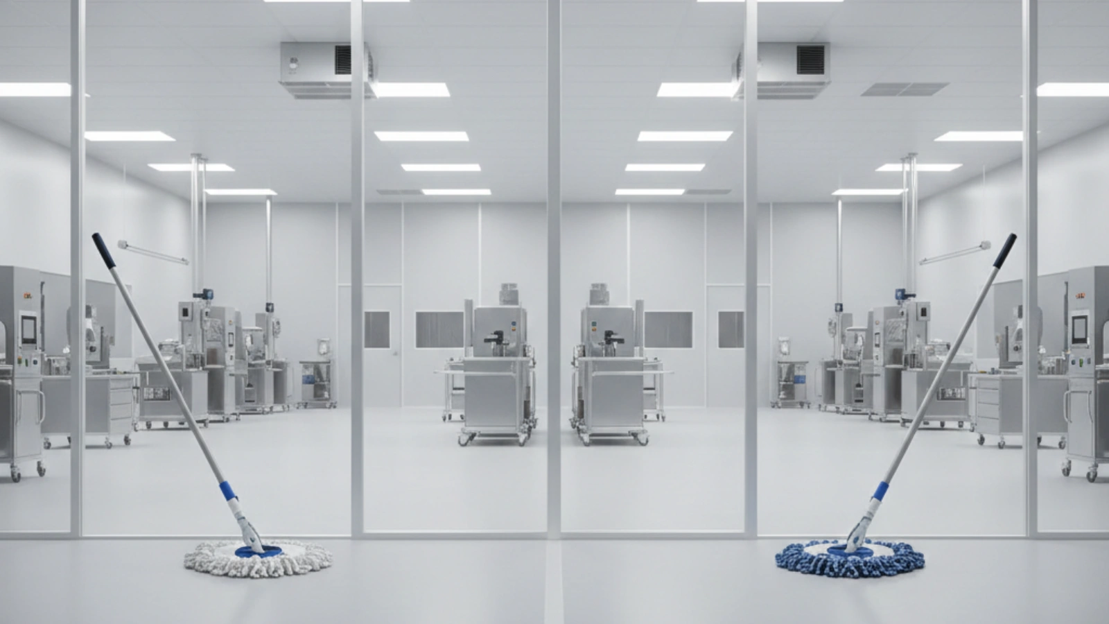 Hybrid cleanroom mop strategy using disposable mops in ISO Class 5 areas and reusable mops in ISO Class 8 support zones
