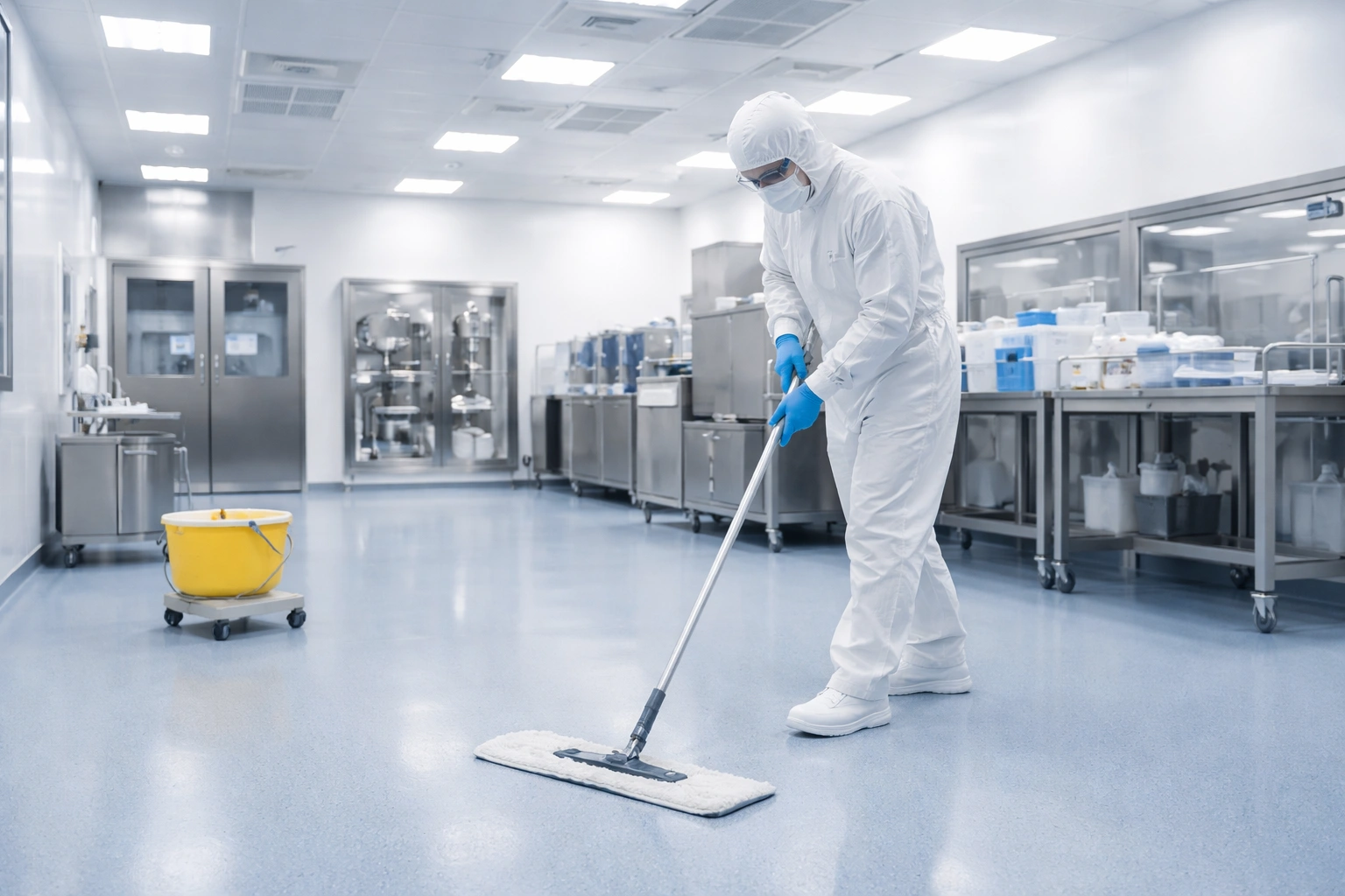 Medical cleanroom mop supplier hero image showing cleanroom staff and low-lint mop systems in a controlled environment