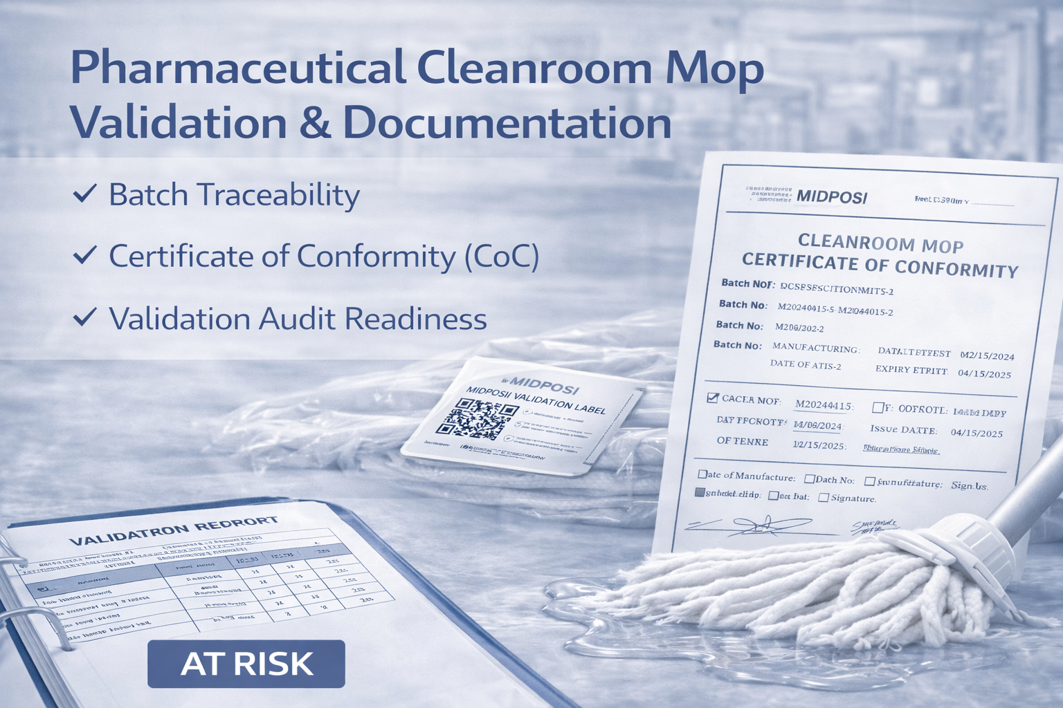 Pharmaceutical cleanroom mop validation documentation with batch traceability and CoC records for GMP audits