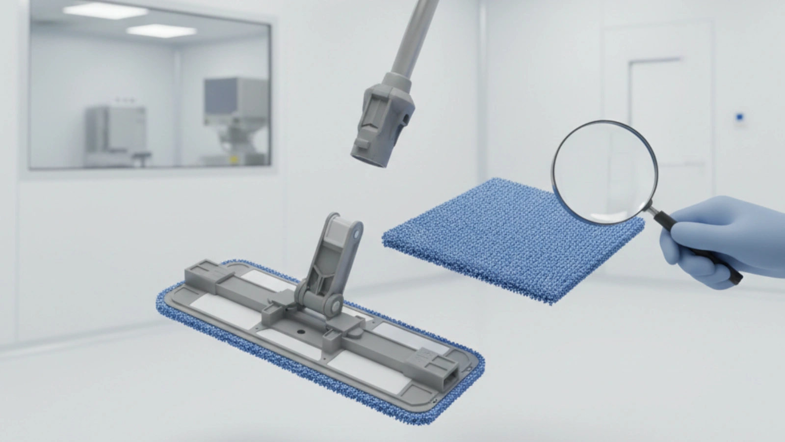 Reusable cleanroom mop system showing modular head designs, handle mechanisms, and quality control inspection processes