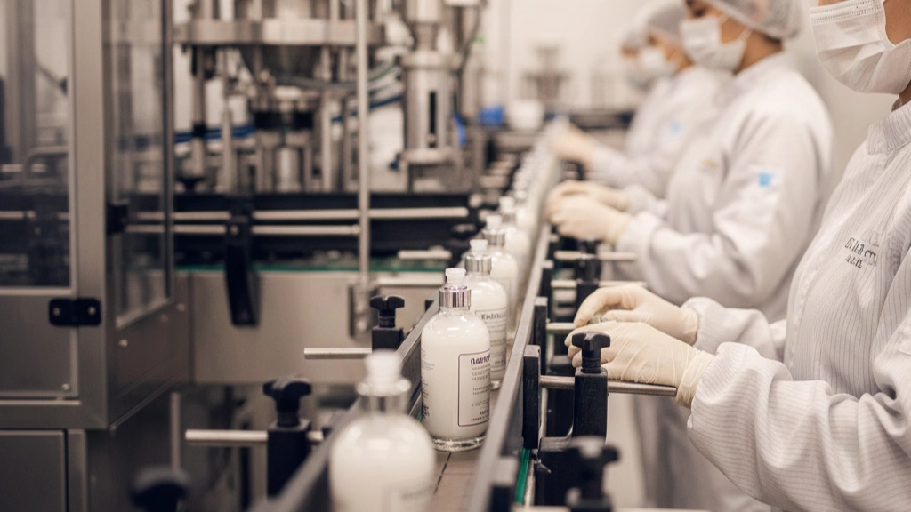 Cosmetics manufacturing cleanroom apparel for packaging and filling areas