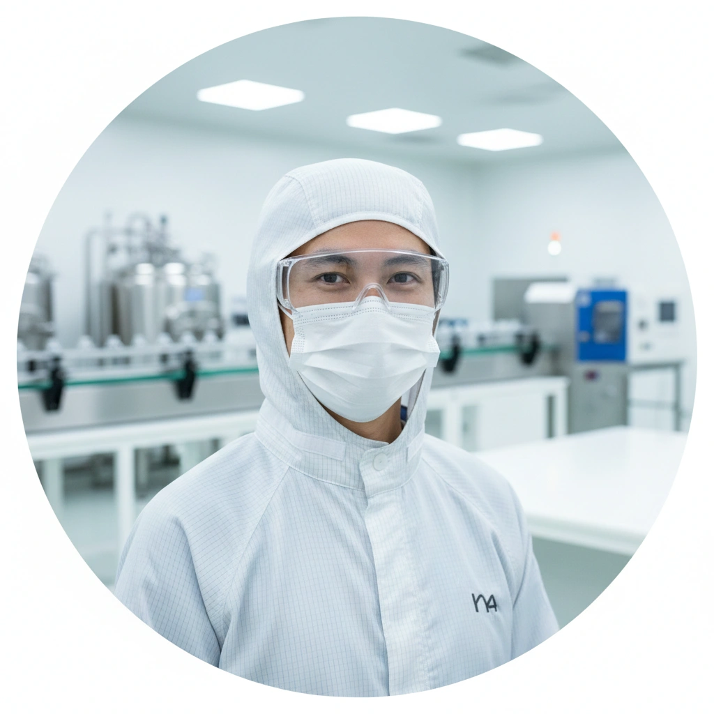 Cosmetics production technical staff in cleanroom apparel