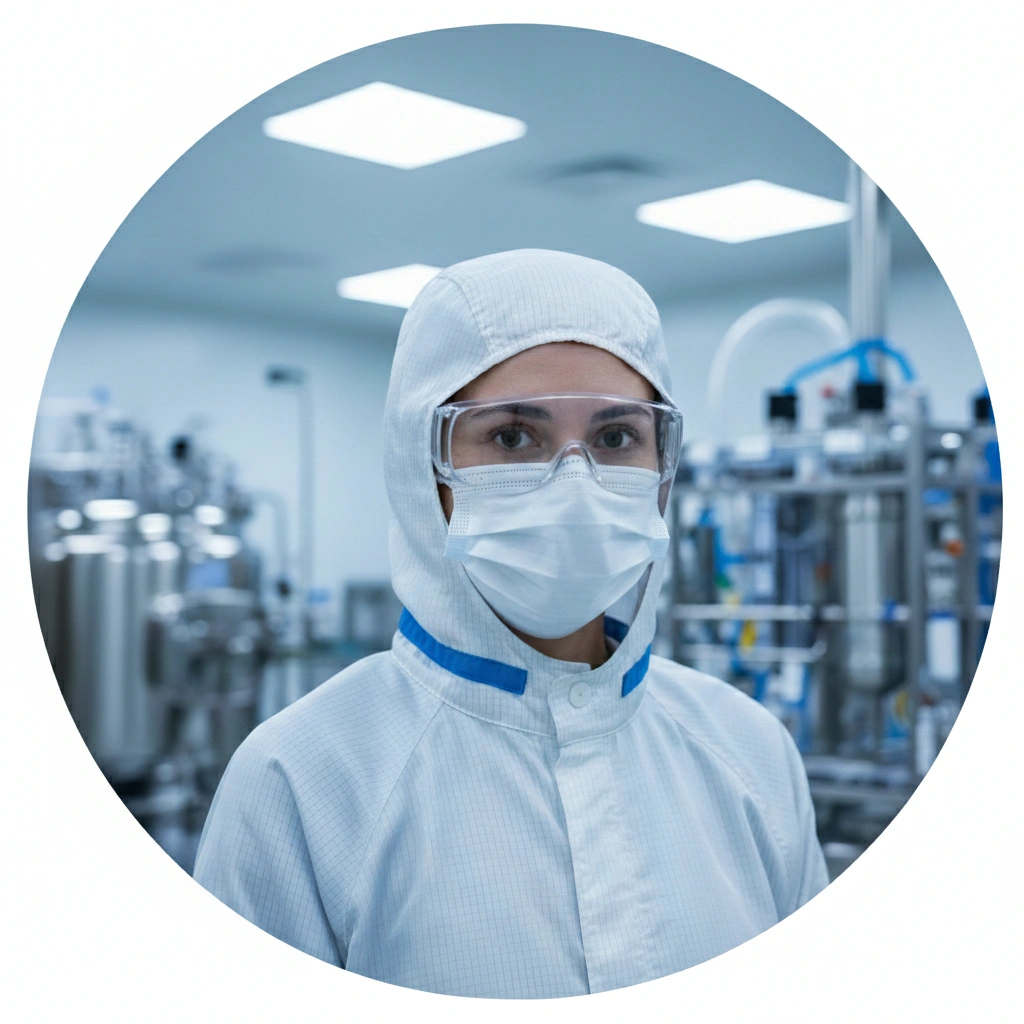 Pharmaceutical researcher in GMP cleanroom garment