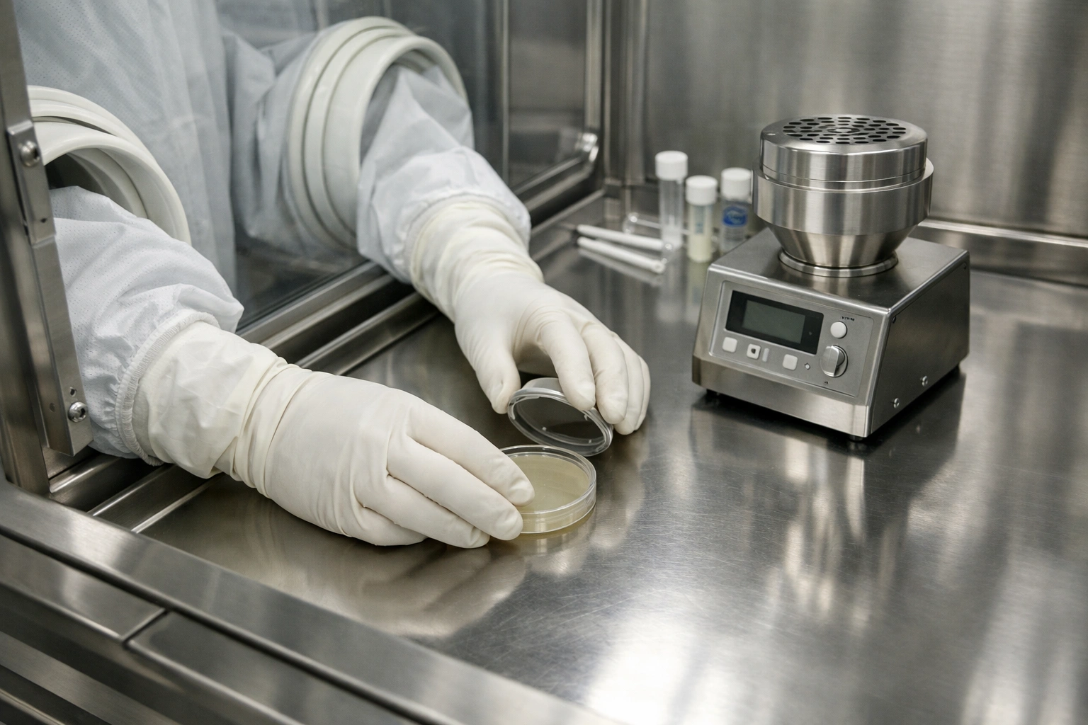 Cleanroom environmental monitoring concept including sampling points and controlled environment checks