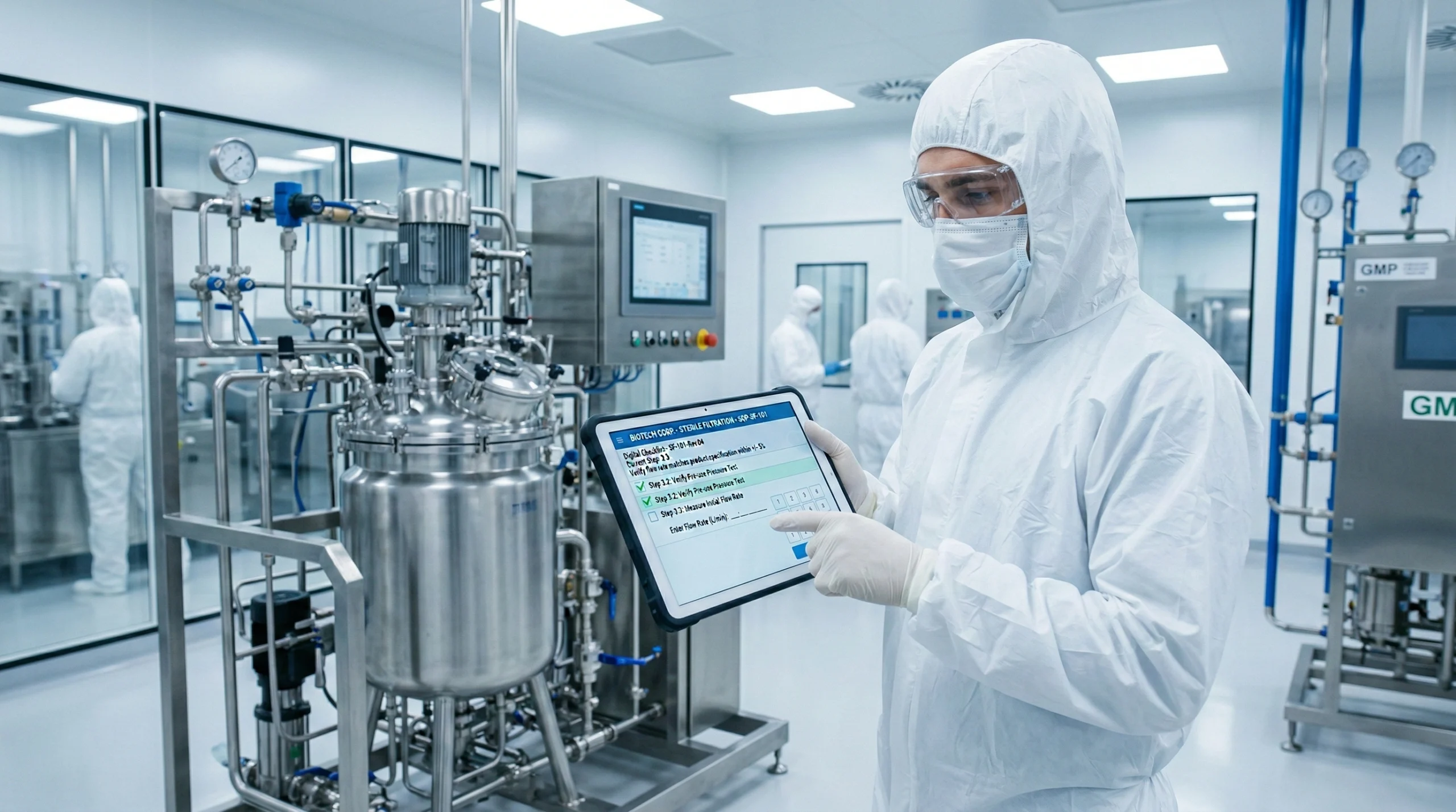 biotech technician reviewing digital SOP in GMP cleanroom