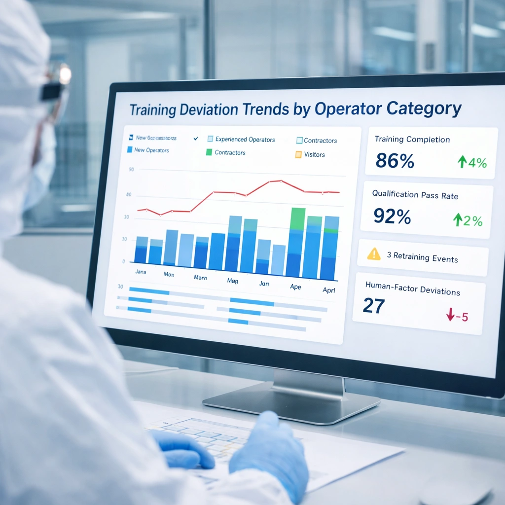 Dashboard showing cleanroom personnel training deviation trends