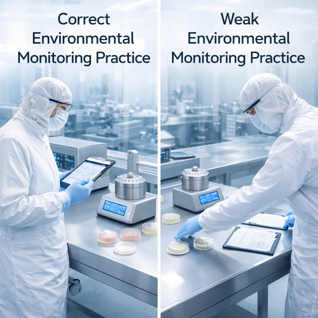 Correct versus weak environmental monitoring practice in cleanrooms