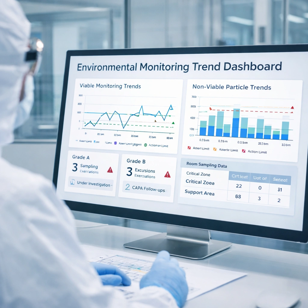 Environmental monitoring trend dashboard in a GMP cleanroom