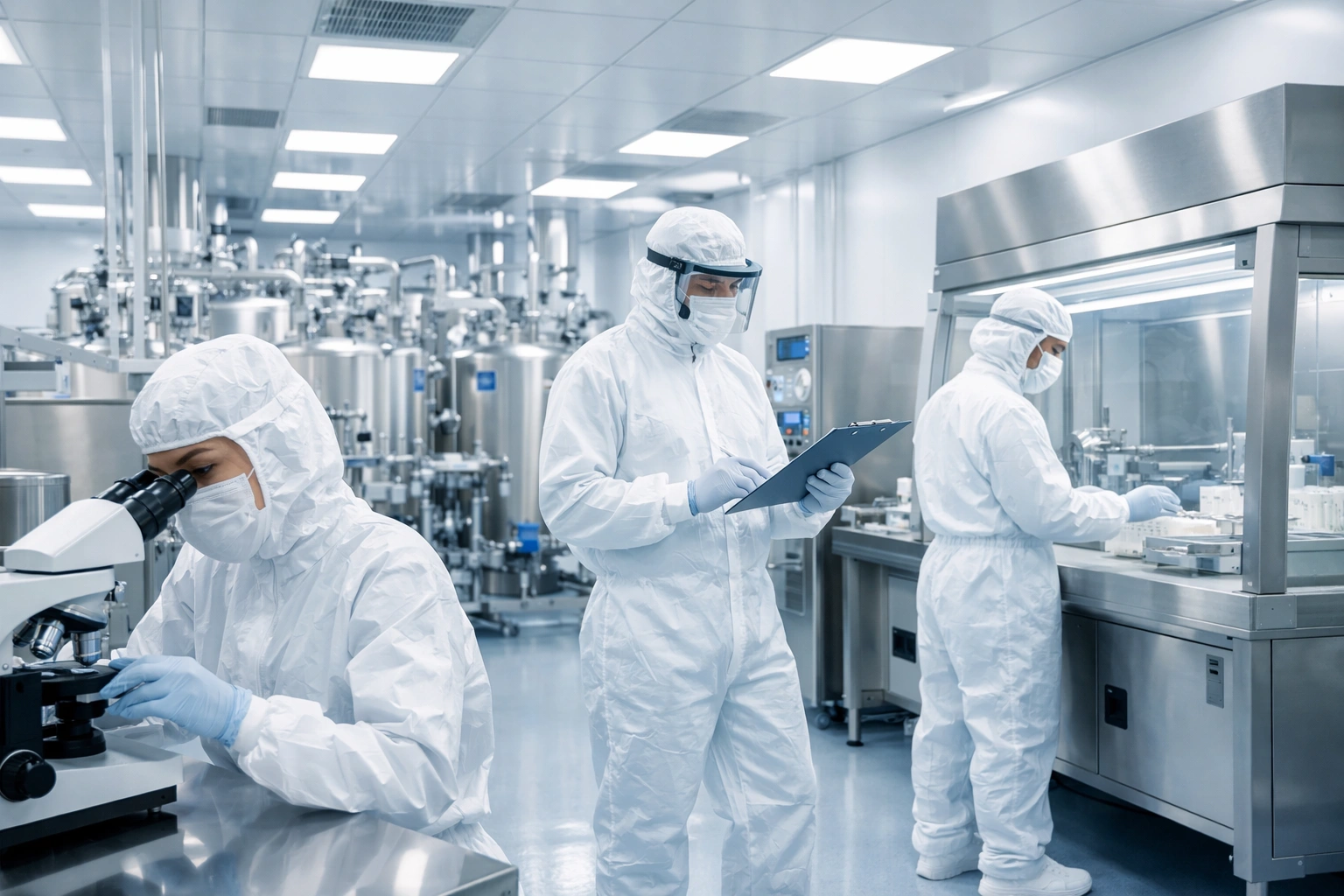ISO 5 pharmaceutical cleanroom environment with sterile operators in aseptic manufacturing