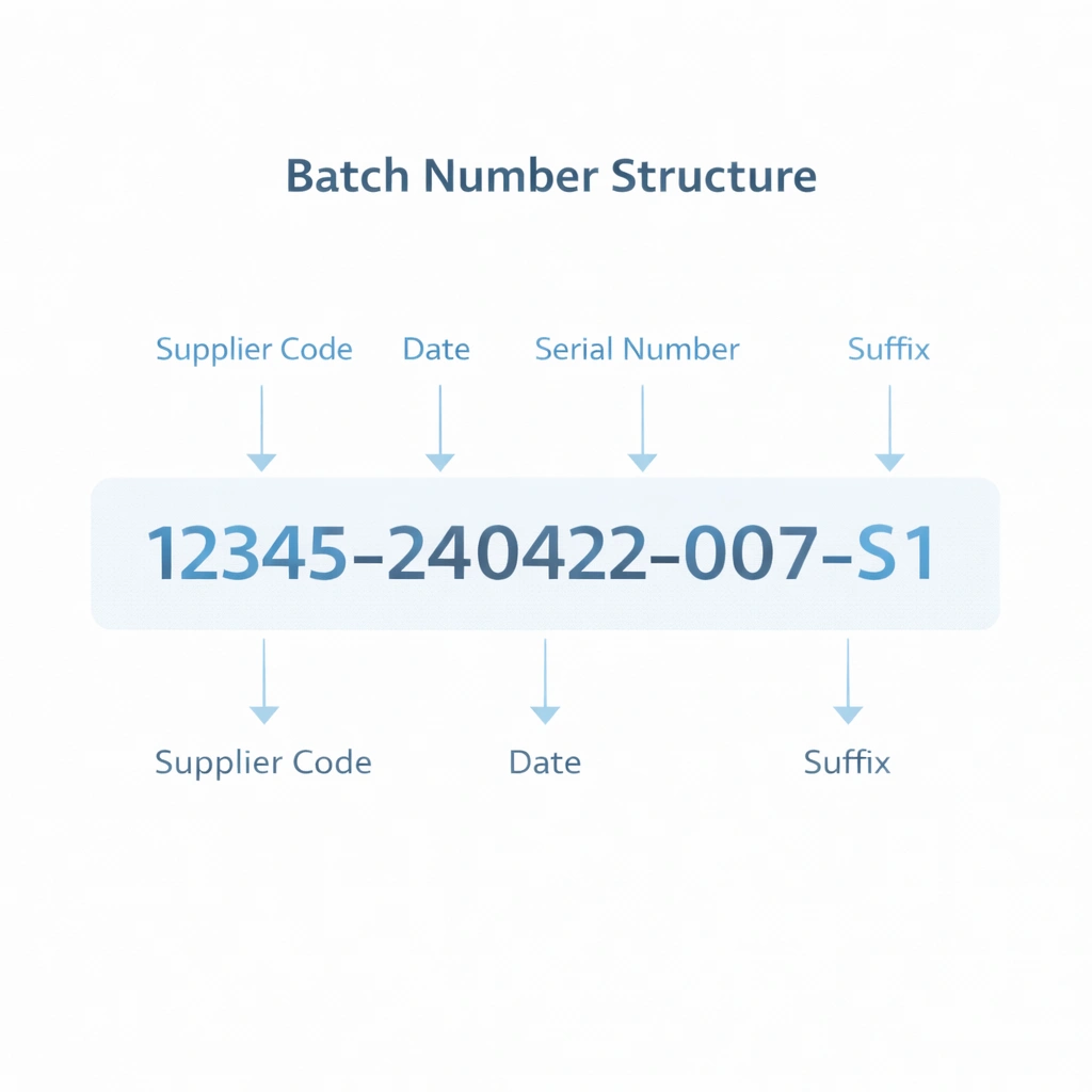 Batch number breakdown infographic for cleanroom consumables showing supplier code date serial number and suffix logic