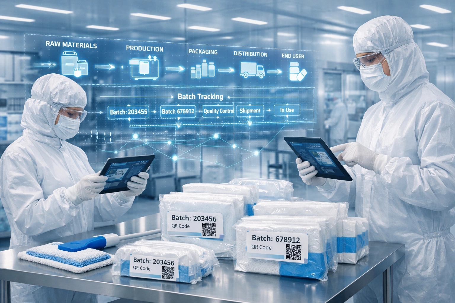 Technicians managing batch tracking for cleanroom consumables in a sterile environment with digital traceability workflow