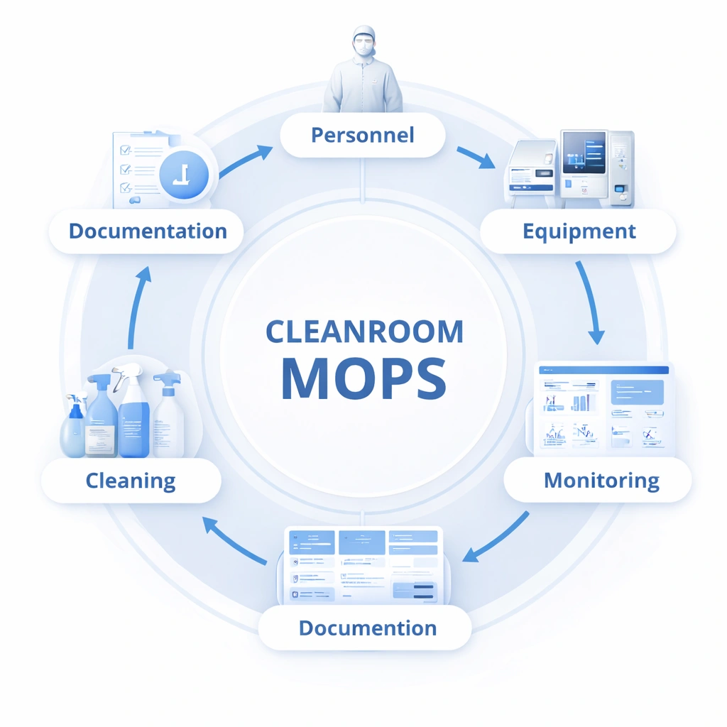Cleanroom MOPS framework infographic for GMP cleanroom operations and standard operating procedures