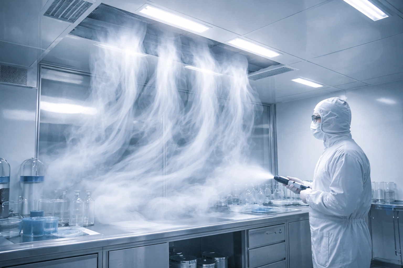 Cleanroom airflow test with glycol fog used to verify airflow behavior in controlled environment