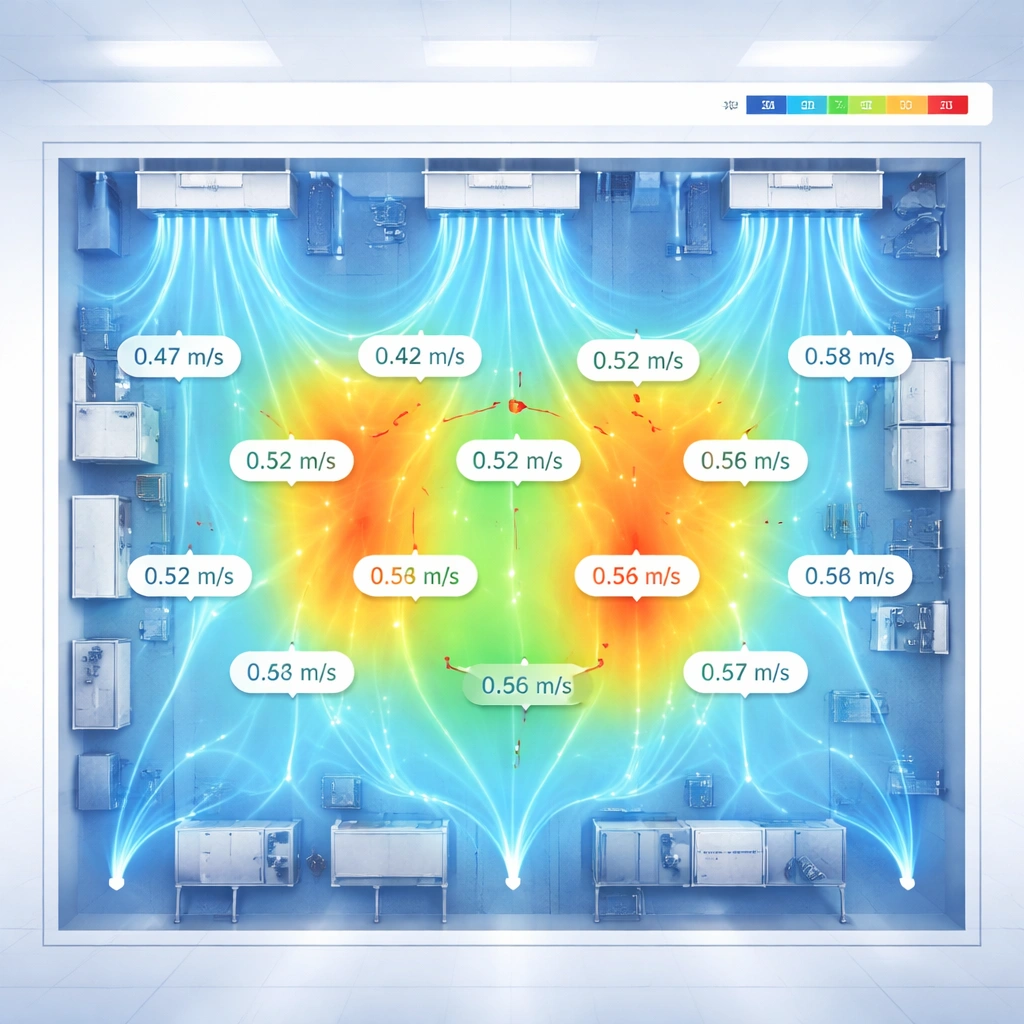 Cleanroom airflow velocity mapping visualization with measurement points and airflow distribution data