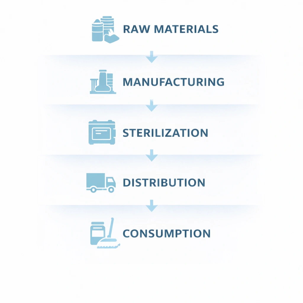Five-layer lifecycle framework for cleanroom consumables covering raw materials manufacturing sterilization distribution and consumption