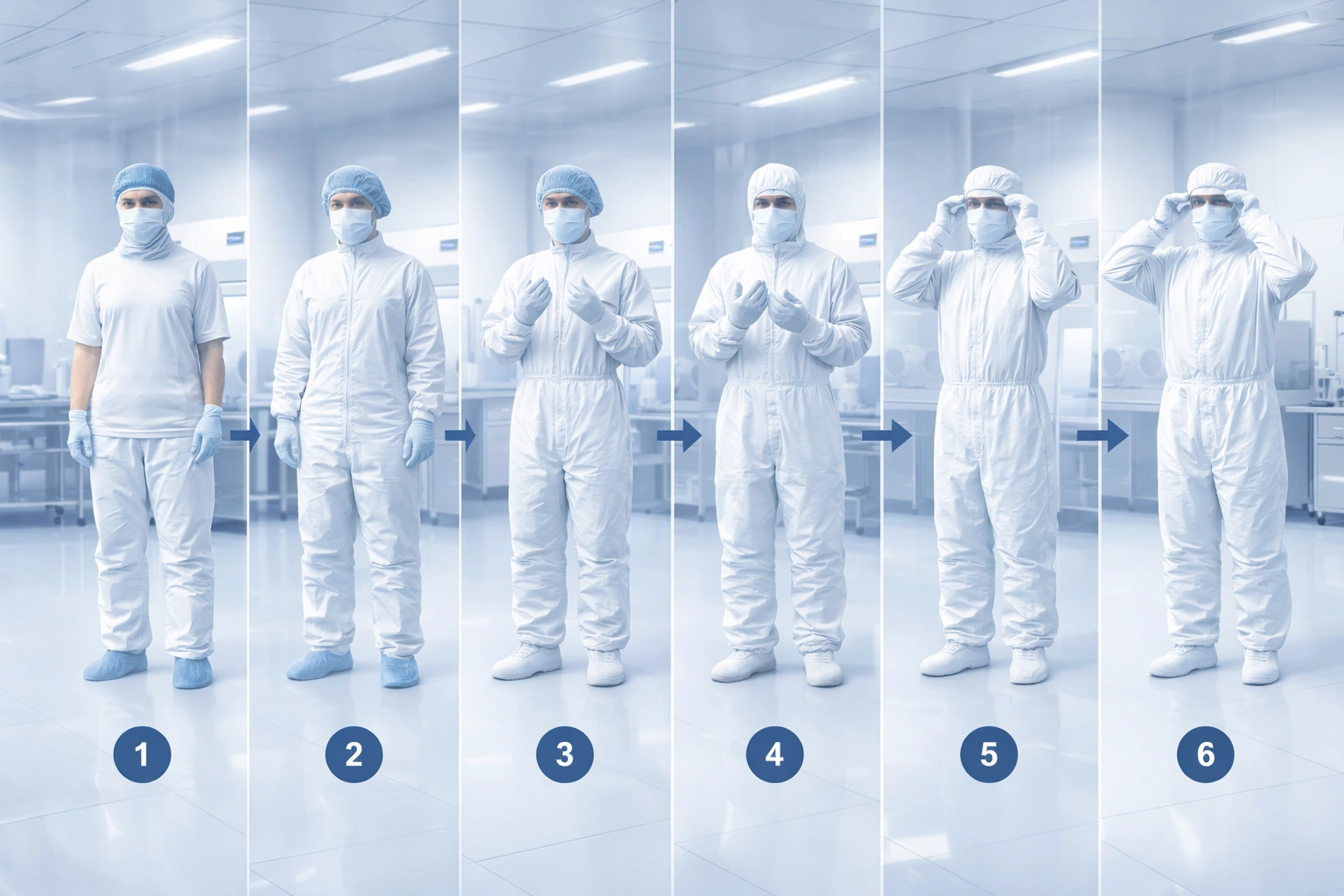 Cleanroom gowning procedure in 6 steps for controlled environment personnel entry