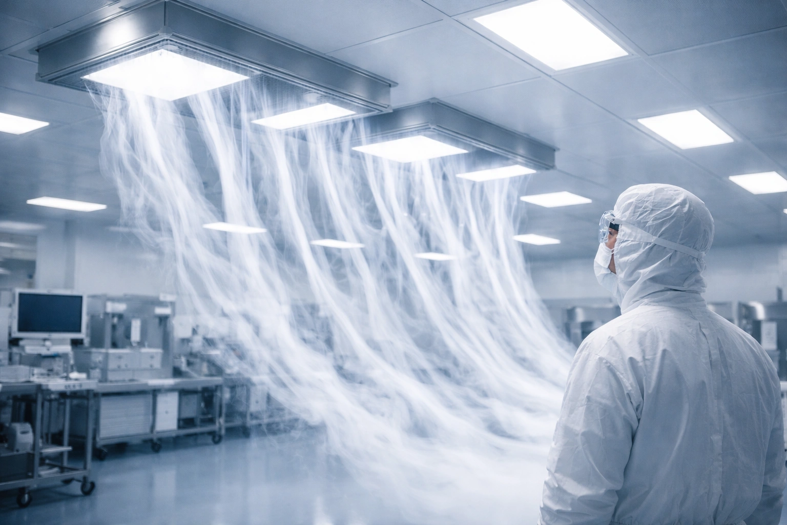 Laminar airflow smoke test in cleanroom showing smooth unidirectional airflow from HEPA filters