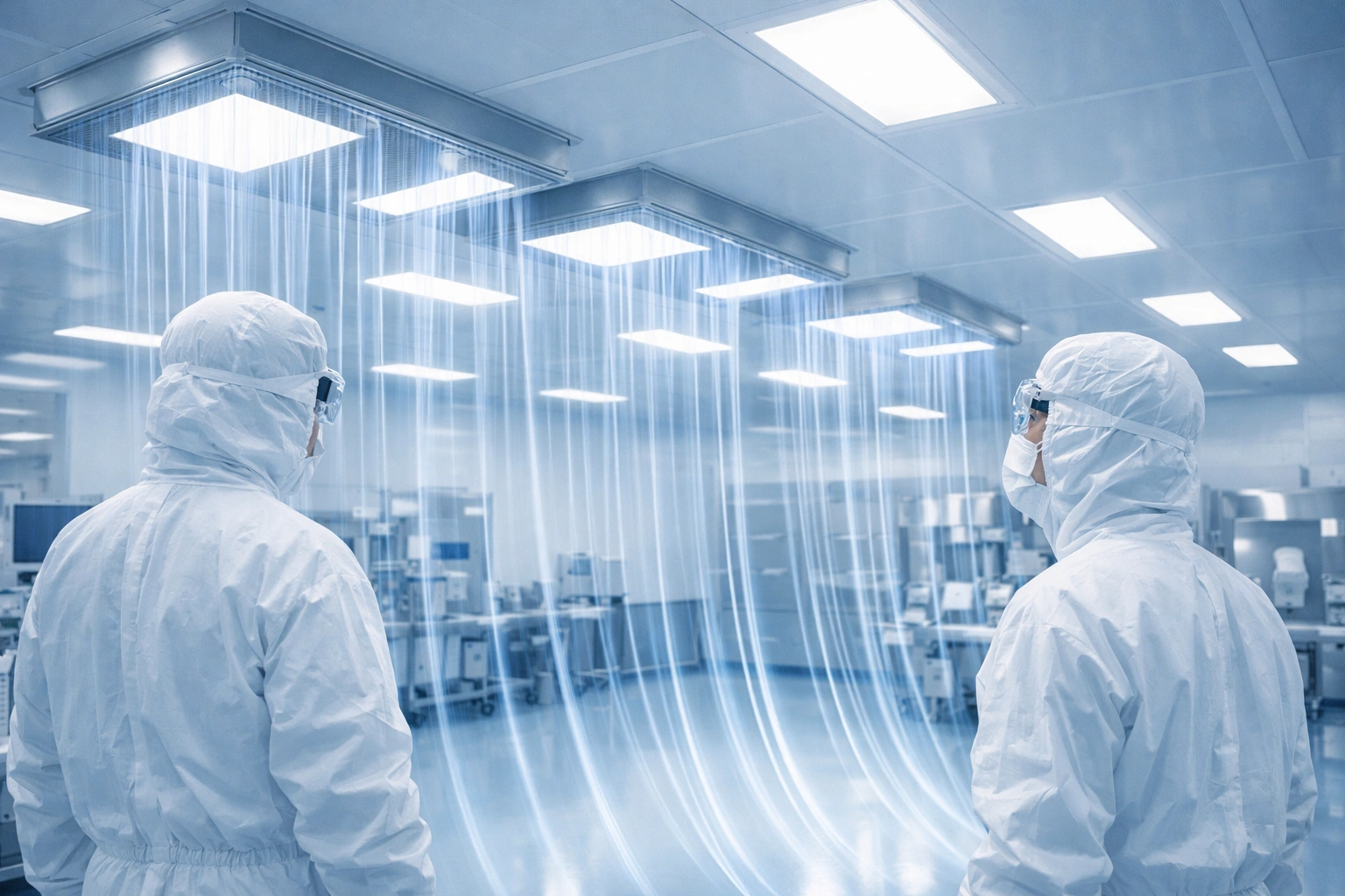 Technicians observing laminar airflow in a cleanroom under HEPA-filtered unidirectional airflow