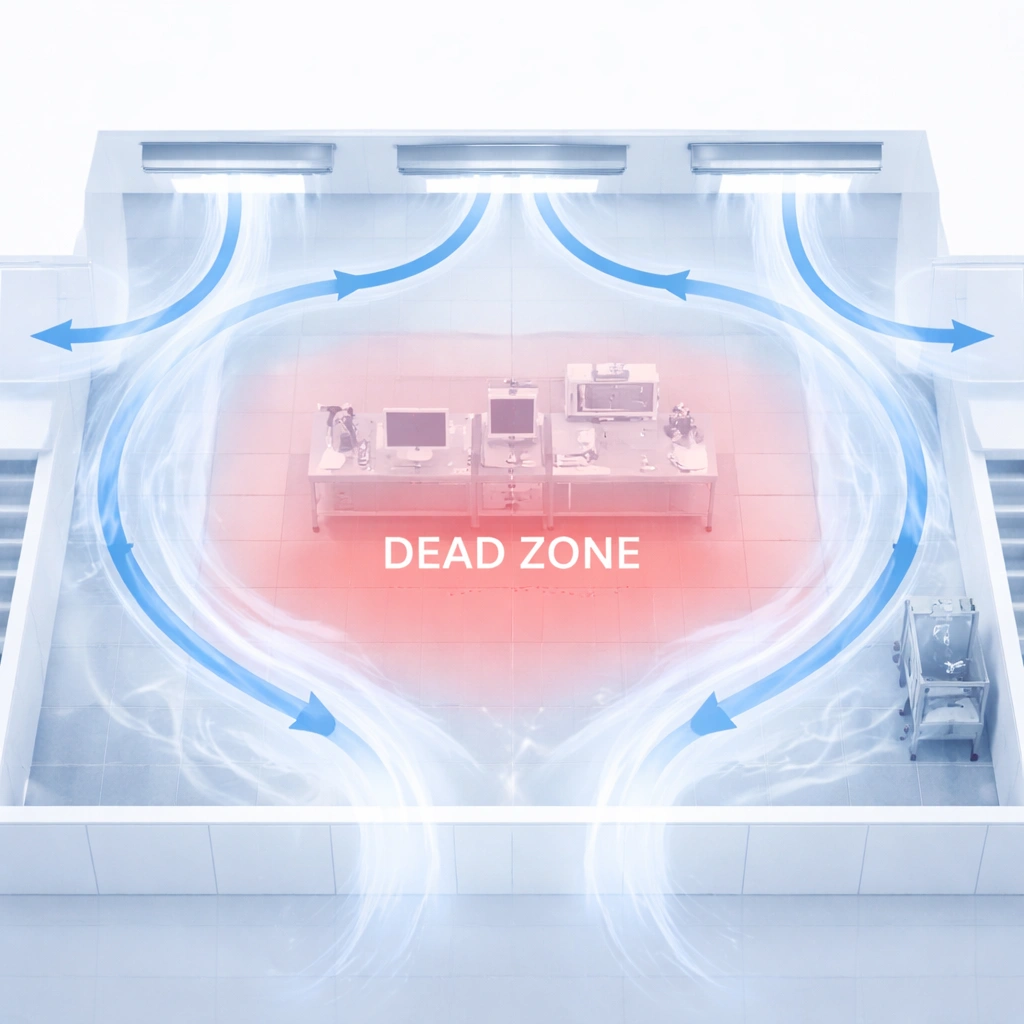 Poor airflow in cleanroom workspace caused by obstruction turbulence and uneven contamination control