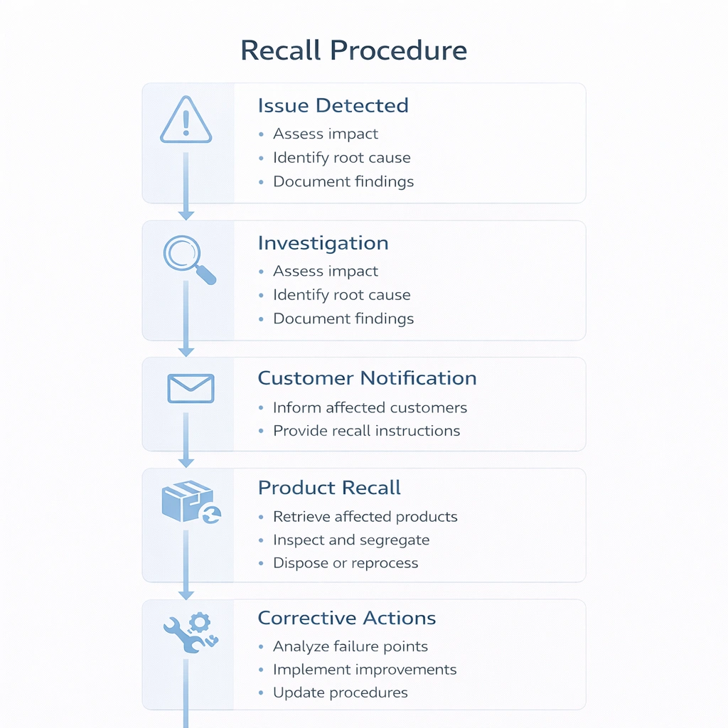 Recall procedure flowchart for cleanroom consumables showing investigation notification retrieval and corrective action steps