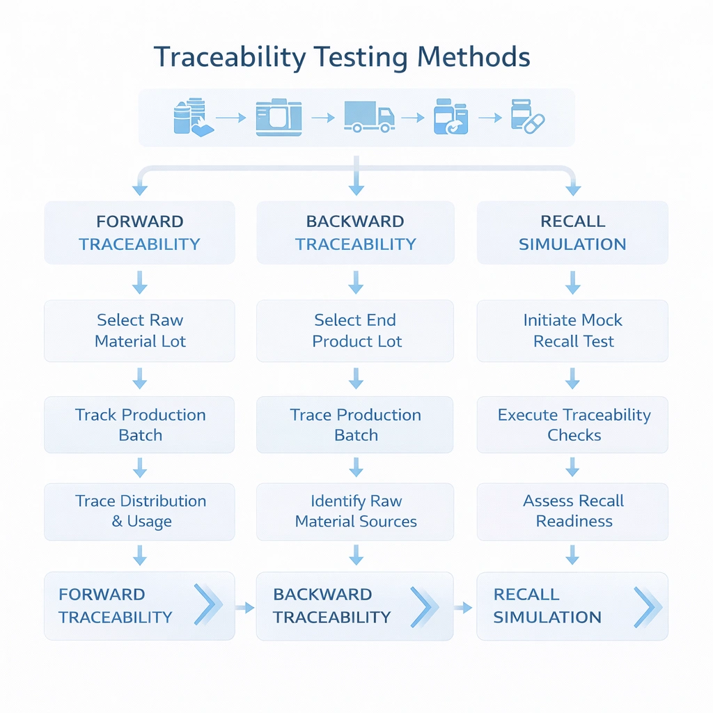Traceability testing workflow infographic showing forward backward traceability and recall simulation for cleanroom consumables