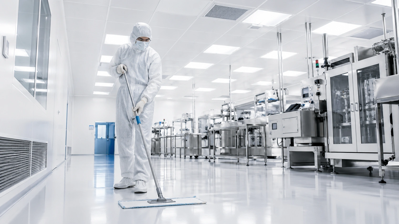 Cleanroom worker using a flat mop system on a controlled cleanroom floor
