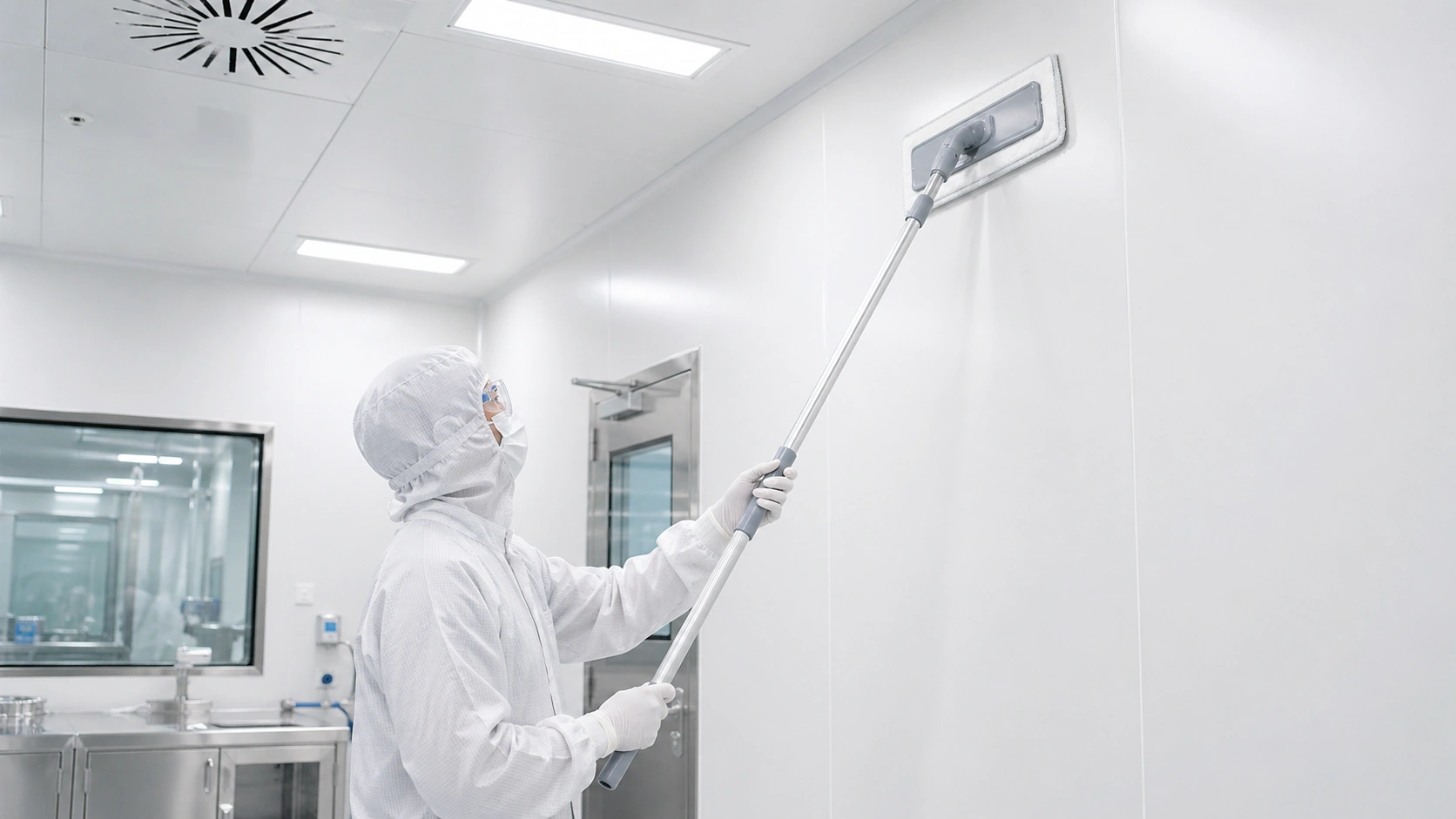 Cleanroom flat mop system used for wall and ceiling cleaning in a GMP environment