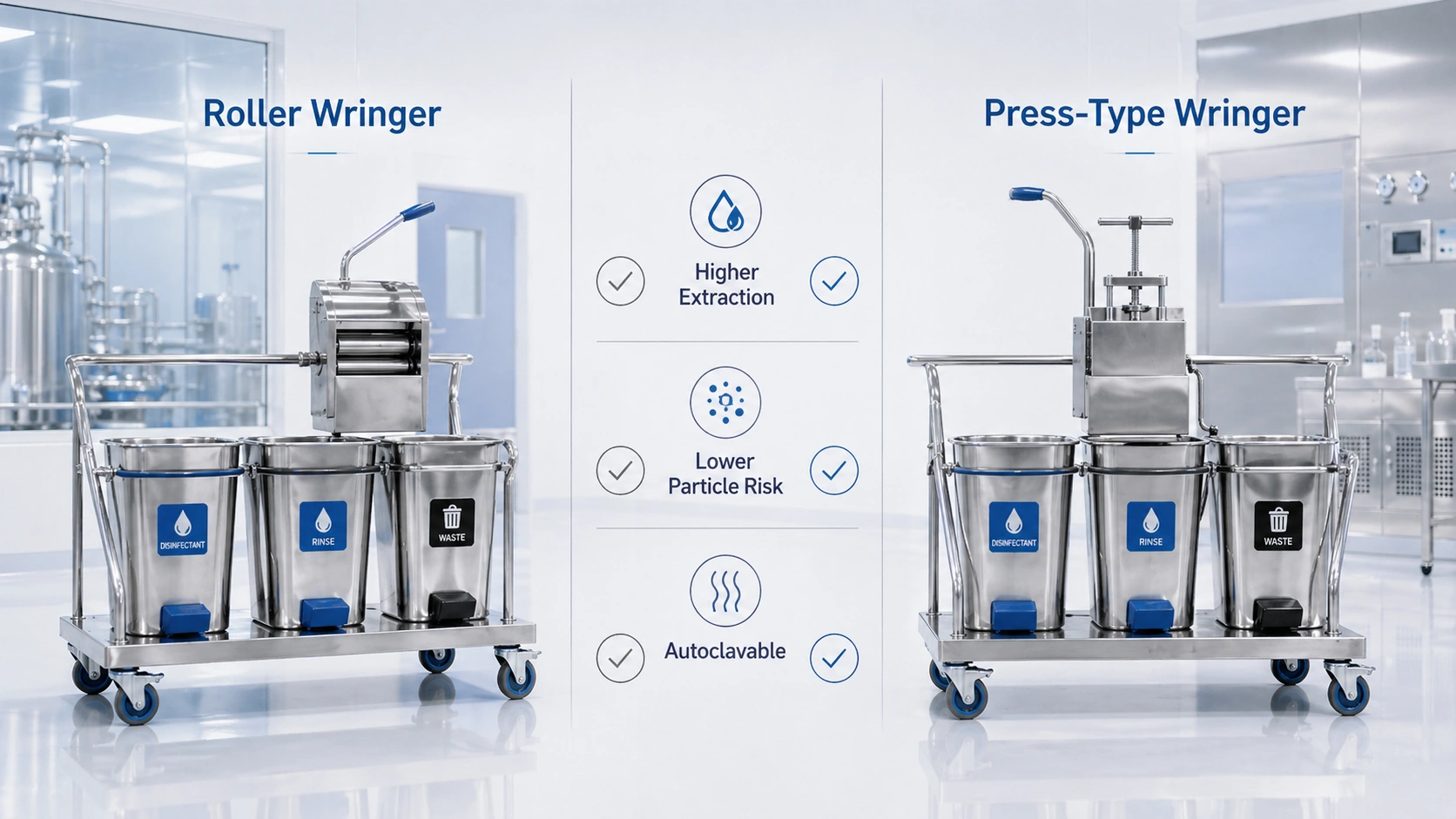 Roller wringer vs press-type wringer comparison for cleanroom mop bucket systems