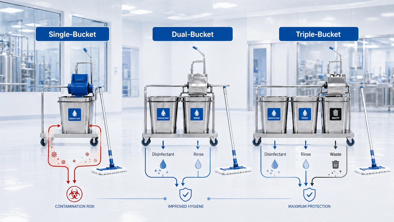 Single dual and triple cleanroom mop bucket system comparison for disinfectant rinse and waste separation