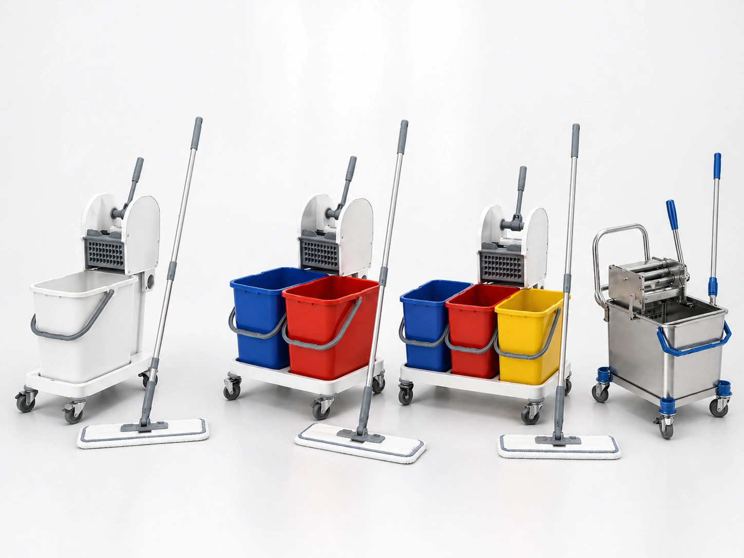 Cleanroom mop bucket system configurations including single double triple and stainless steel options