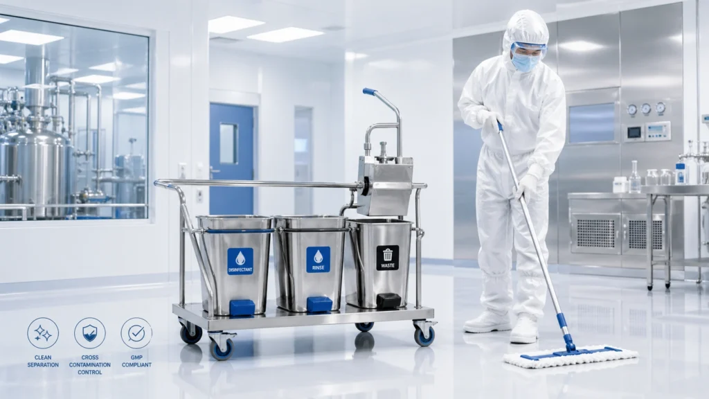 cleanroom mop bucket system, cleanroom mop bucket, triple bucket mop system, GMP cleanroom cleaning, cleanroom mop system