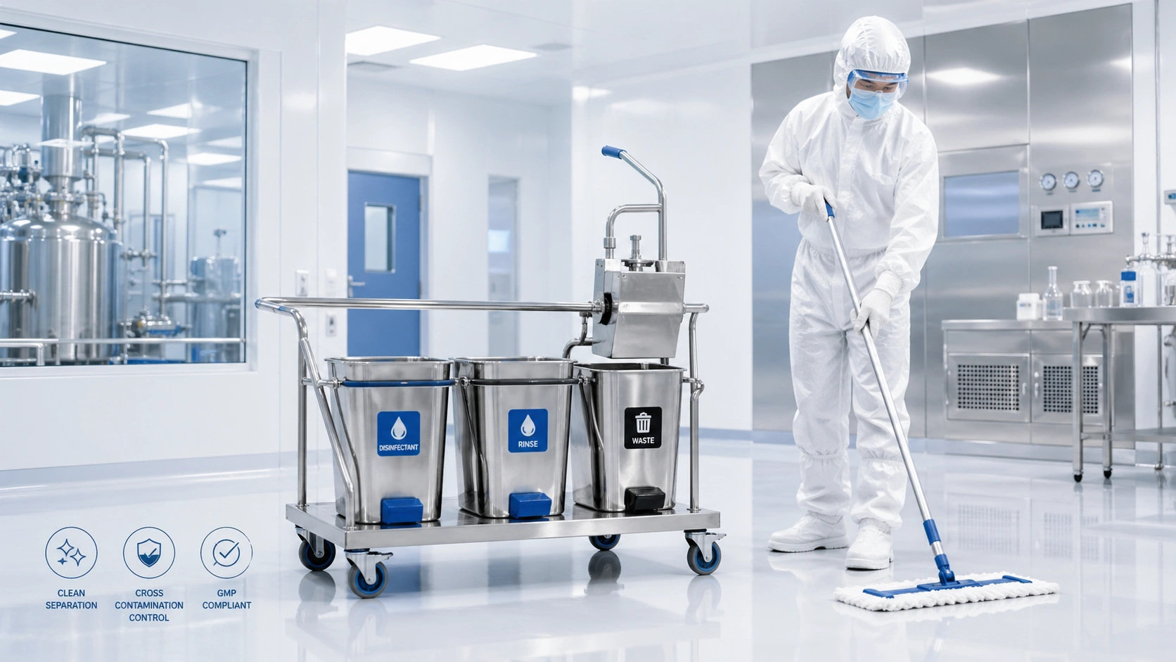 Triple-bucket cleanroom mop bucket system for pharmaceutical cleanroom contamination control