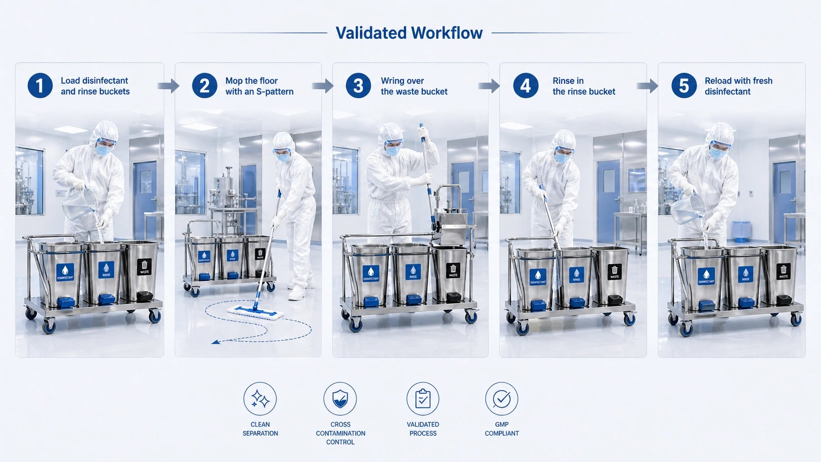 Validated cleanroom mop bucket cleaning workflow for GMP pharmaceutical facilities