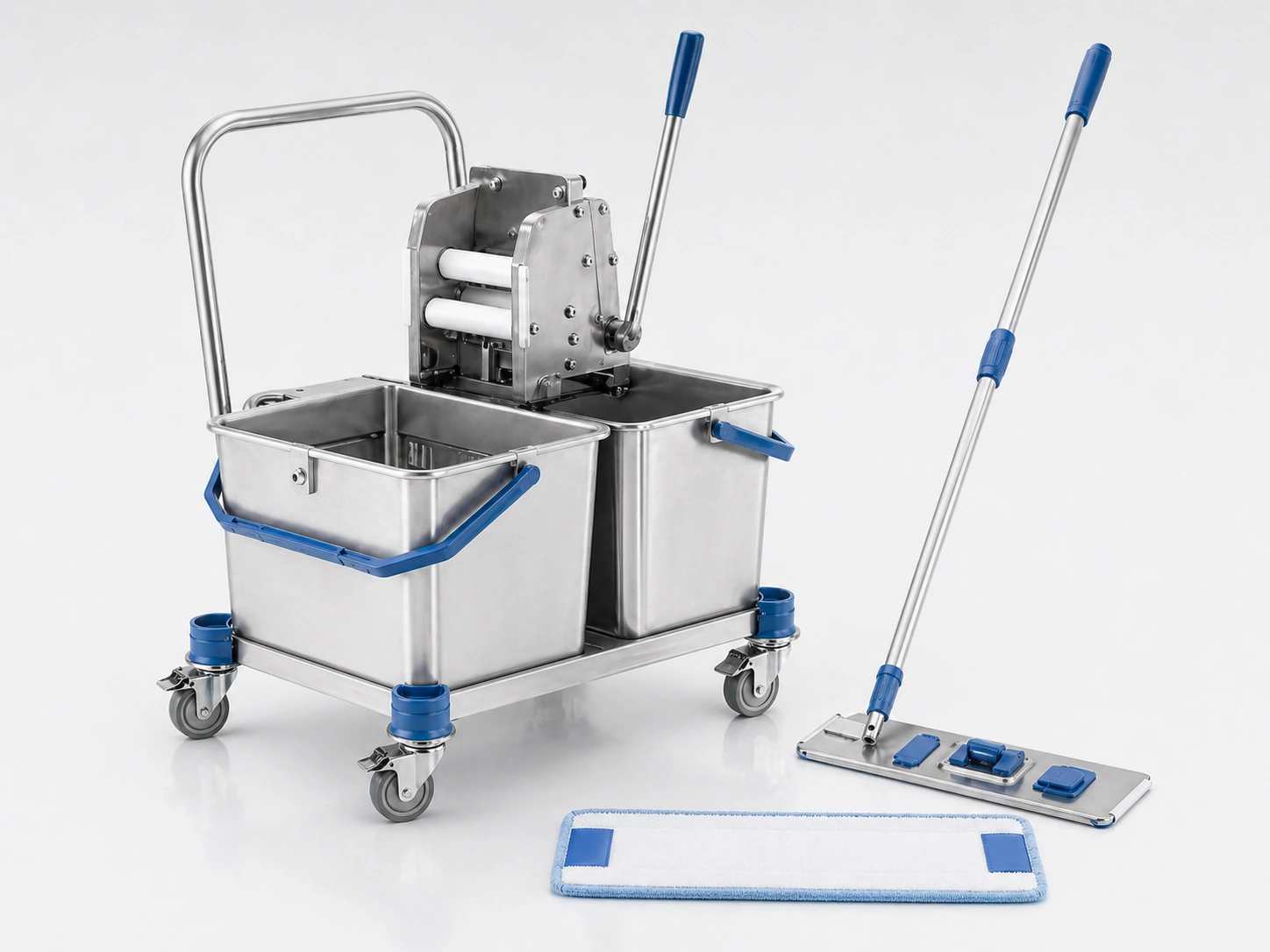 Cleanroom mop bucket and wringer system components including bucket wringer wheels handle and mop frame