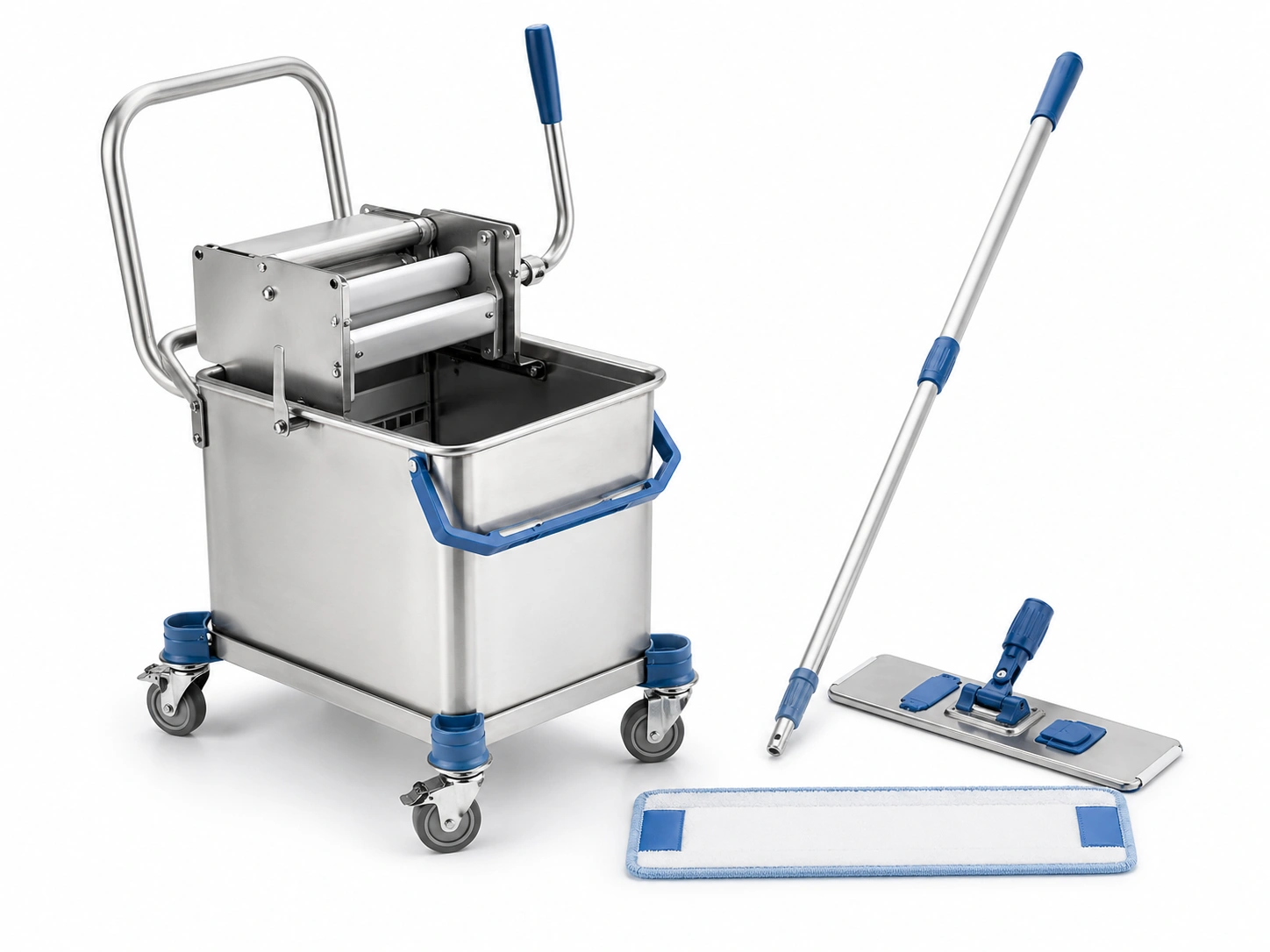 Cleanroom mop bucket and wringer system with flat mop frame handle and mop pad