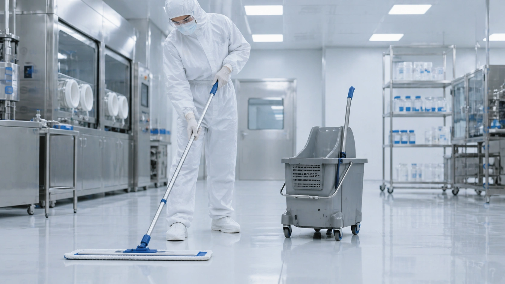 Cleanroom mop bucket and wringer system used in a GMP cleanroom floor cleaning workflow