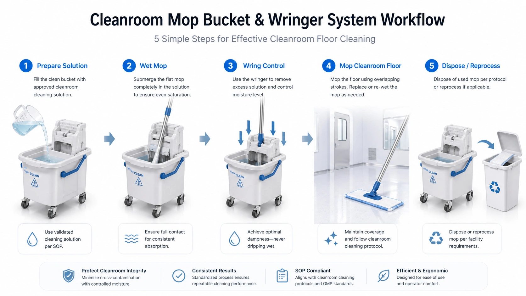 Cleanroom mop bucket and wringer workflow for controlled floor cleaning