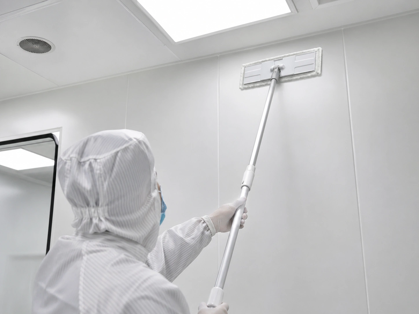 Cleanroom mop frame used for wall and ceiling cleaning in a GMP cleanroom