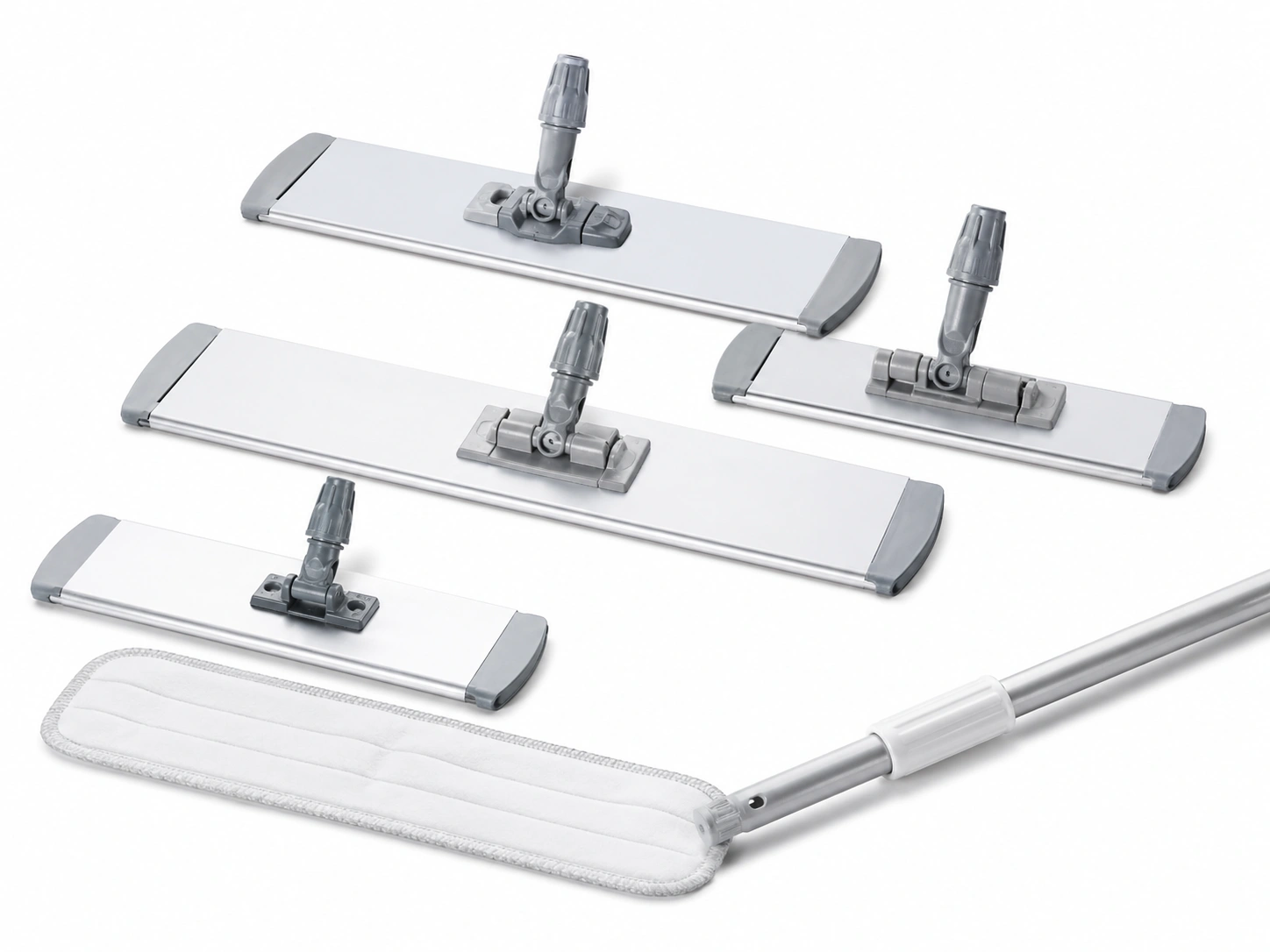 Cleanroom mop frames with swivel joints and compatible handle components