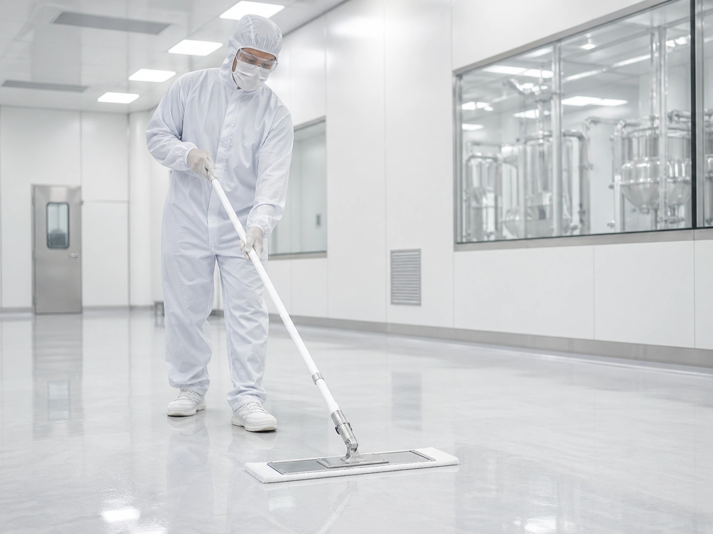 Cleanroom worker using a flat mop frame on a GMP cleanroom floor