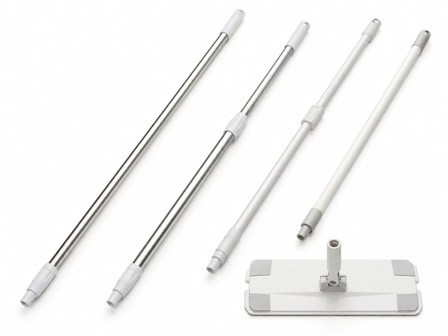 Cleanroom mop handles and related handle components displayed on a white background