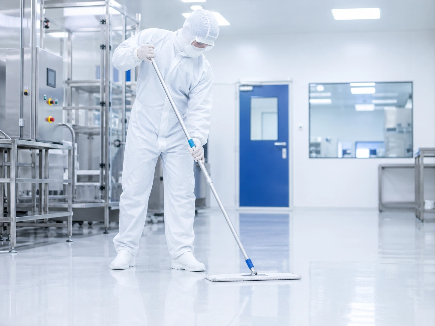 Cleanroom worker using a mop handle to clean a reflective cleanroom floor