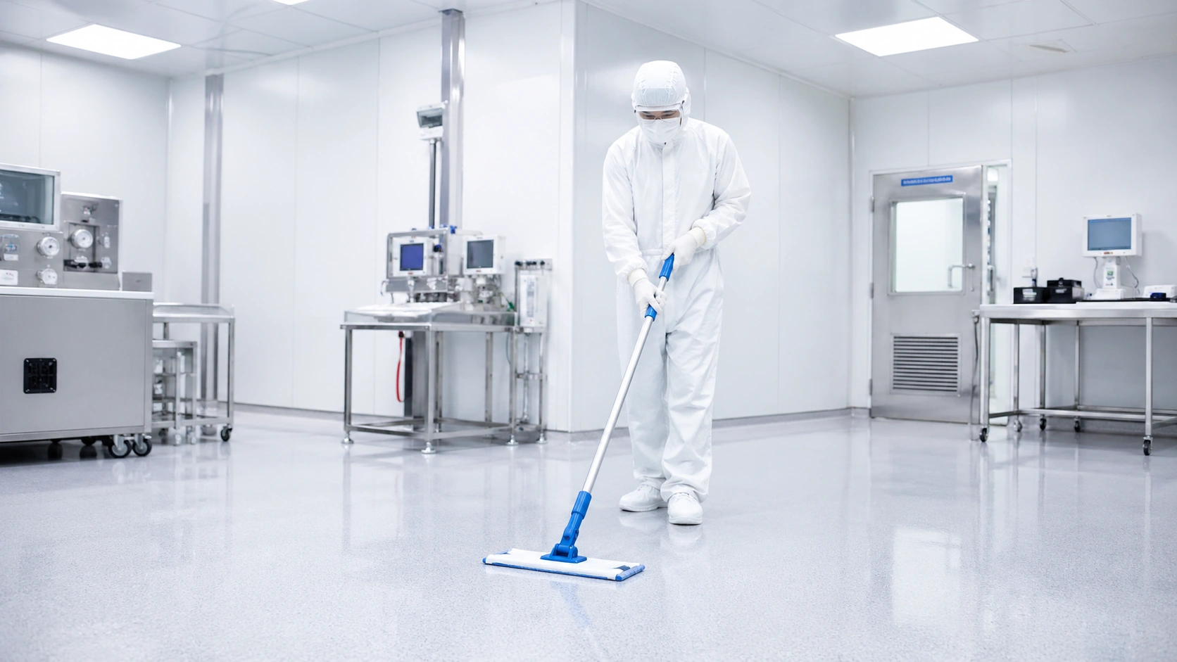 Cleanroom mop head used on a GMP cleanroom floor with a flat mop system