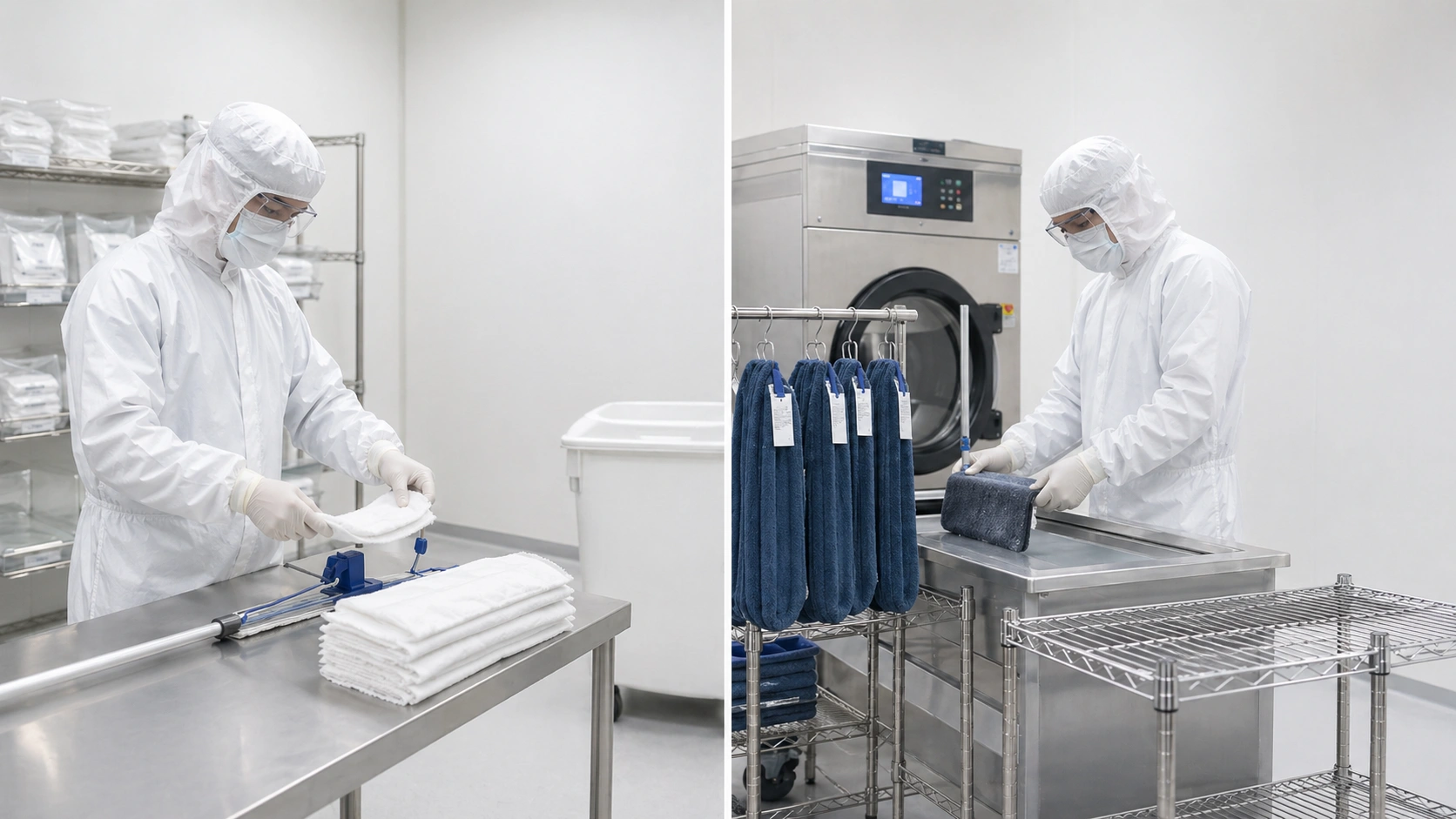 Disposable and reusable cleanroom mop head workflow comparison