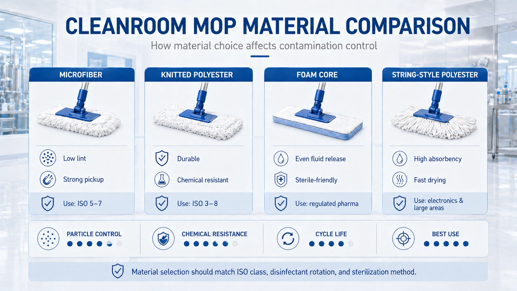 Cleanroom mop vs regular mop material comparison for controlled environments